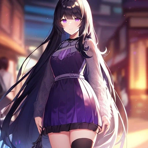 Clear focus,High resolution, black long fluffy hair, long fluffy bangs, purple eyes, wearing a cute outfit, wearing a short skirt