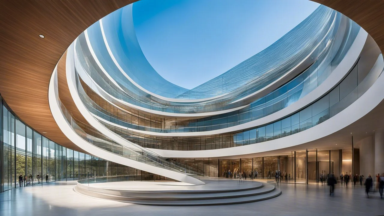 A modern art museum with a circular spiral design, built from a seamless blend of glass and steel. The entire building spirals upward from a wide base to a narrow point, and each level is interconnected by winding walkways. The structure appears to move in a continuous flow, drawing visitors toward its central, open-air courtyard. Award-winning photograph.