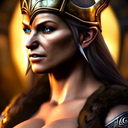 Ultra detailed fullbody Portrait in oil on canvas of Skyrim beautiful busty female Viking GreatHall ,extremely detailed digital painting,ultrarealistic skin,intense stare, extremely detailed face, crystal clear eyes, mystical colors ,perfectly centered image, perfect composition, rim light, beautiful lighting,masterpiece ,8k, stunning scene, raytracing, anatomically correct, in the style of Simon Bisley and Ohrai Noriyoshi and robert e howard and Steve Jung and Wizyakuza and uncannyknack.