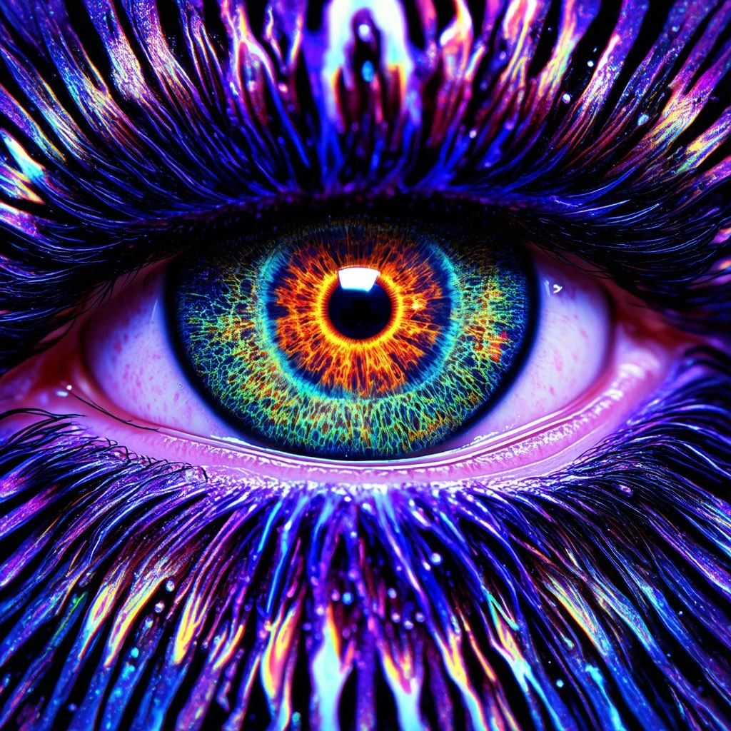 Close-up of mystical eyes, neon glow, intricate iris patterns, digital art style