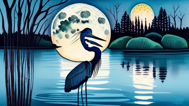 A heron in a pond in front of a full moon. Gouache painting.