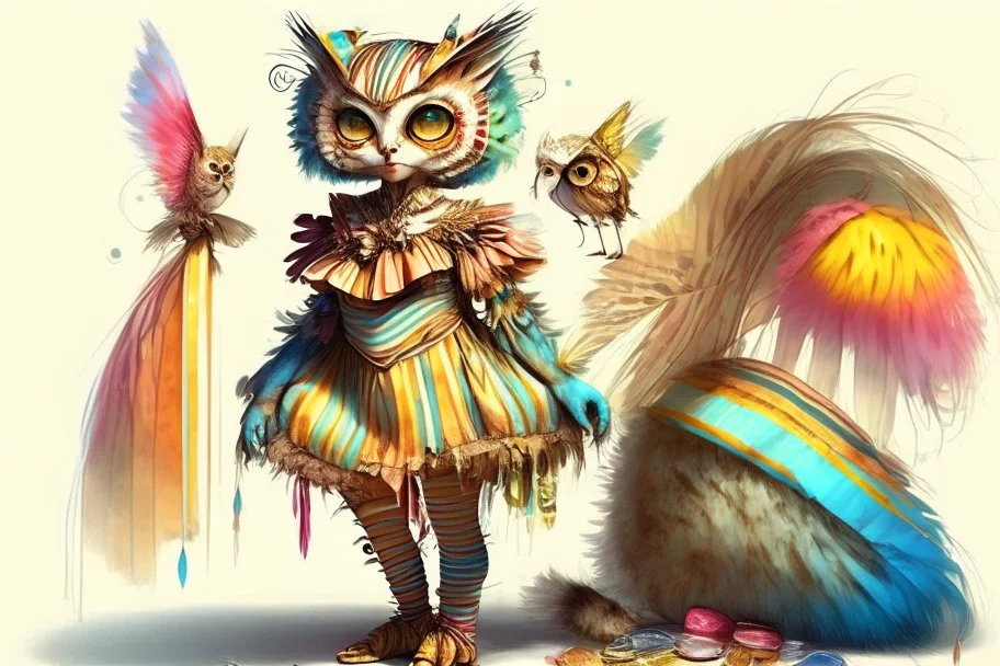 candyshop, Jean-Baptiste Monge style. Full body of a humanoid biomorph kitten-owl faced woman. Vibrant, colorful. A furry striped dress, covered with owl feathers, in sunshine
