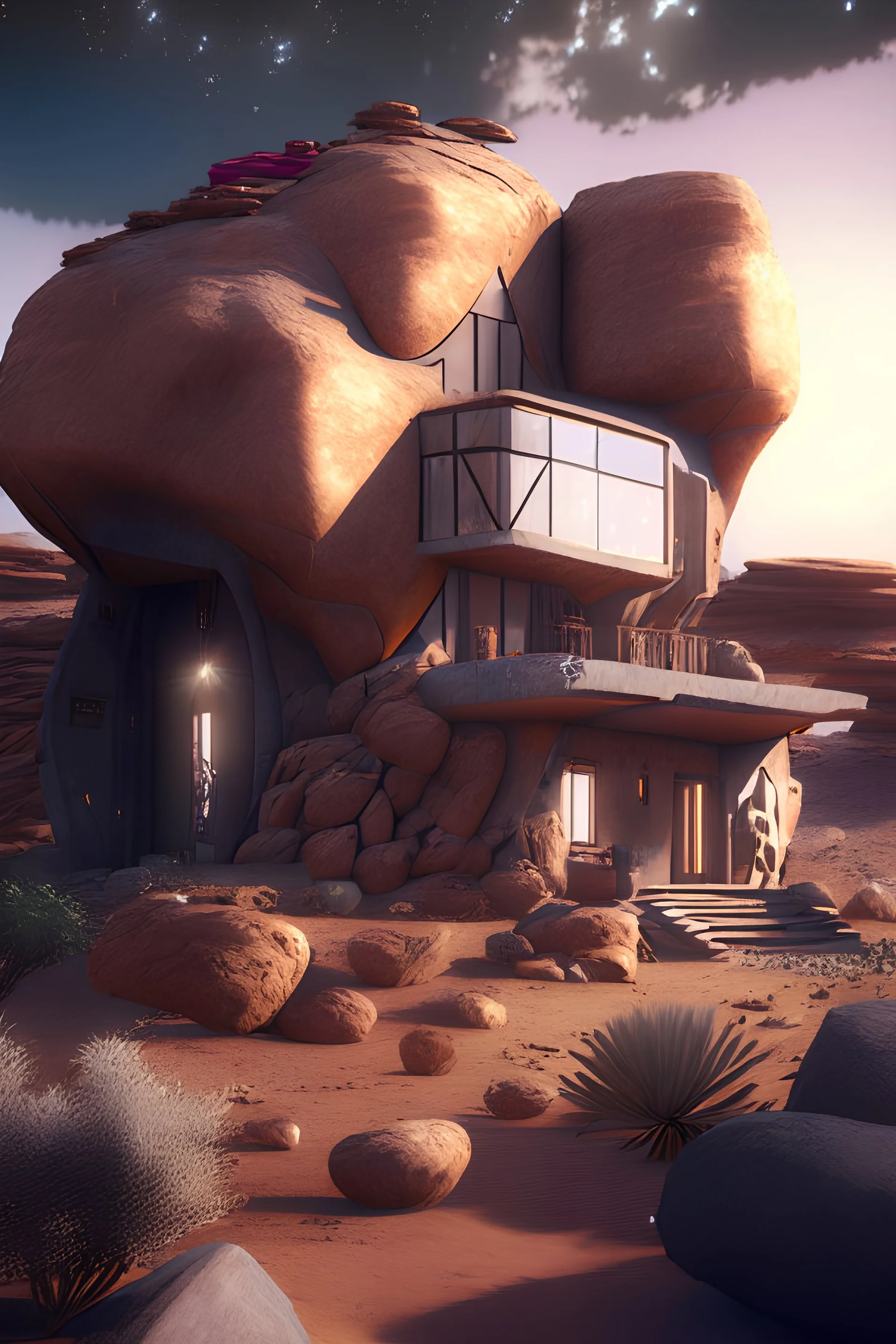 a home built in a huge desert rock in ethiopia , ethiopian cross windows, doors, porches, awnings, middle of SPACE, cyberpunk lights, Hyper Detail, 8K, HD, Octane Rendering, Unreal Engine, V-Ray, full hd -- s5000 --uplight --q 3 --stop 80--w --ar 1:3, by małgorzata kmieczyk and LeCouffeDeCouffeDeharme, dramatic lighting, high contrast colors, baroque, empyrean, panoramic view, as trending on Artstation, highly detailed, doom engine,