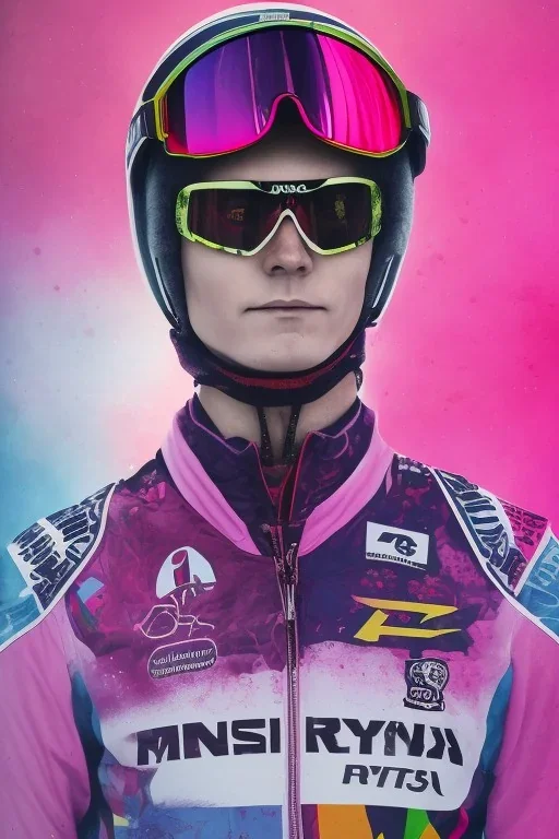 Portrait of Matti Nykänen skijumping. colorful. pink.