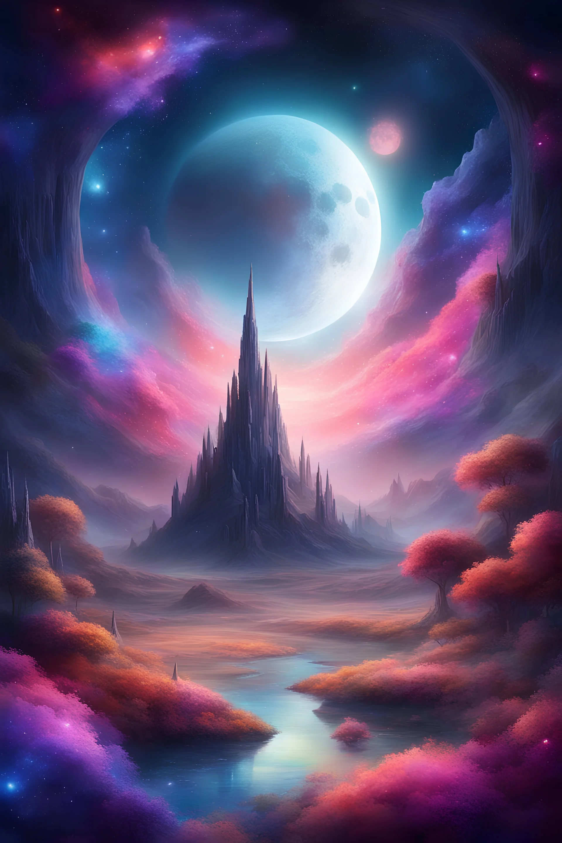 Create a mesmerizing digital painting that transports viewers to a dreamy and enchanting fantasy world within the galaxy. The scene should prominently feature a resplendent moon surrounded by vibrant stars, evoking a sense of celestial wonder and exploration. Infuse the artwork with rich, vivid colors to bring the space setting to life. This masterpiece should captivate with its high-quality, high-detail portrayal of a fantastical and awe-inspiring journey through the cosmos, inspiring dreams an