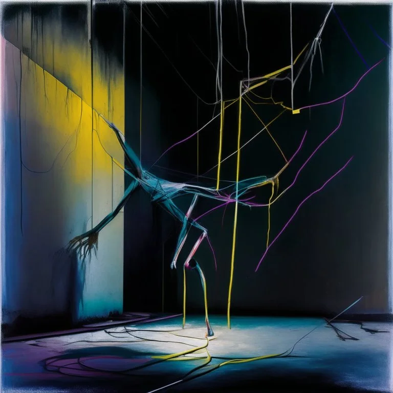 Minimal abstract oil painting of a falling person limbs sinew. in concrete warehouse brutalist architecture and hanging wires illuminated at night. With triadic colours. In the style of Justin Mortimer and Francis bacon