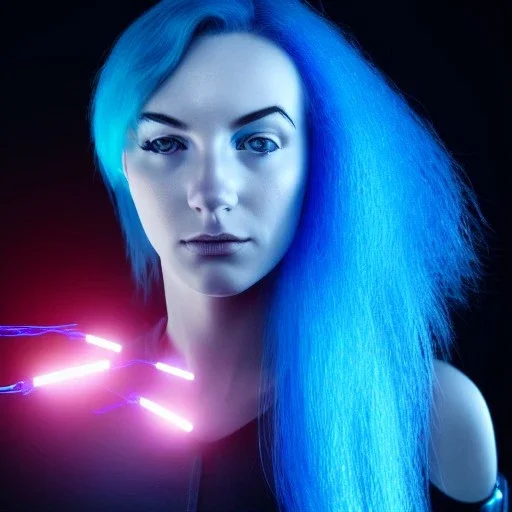 cyberpunk, head, woman, rendering, blue hair, electric circuits in vackgound, lights, high contrast