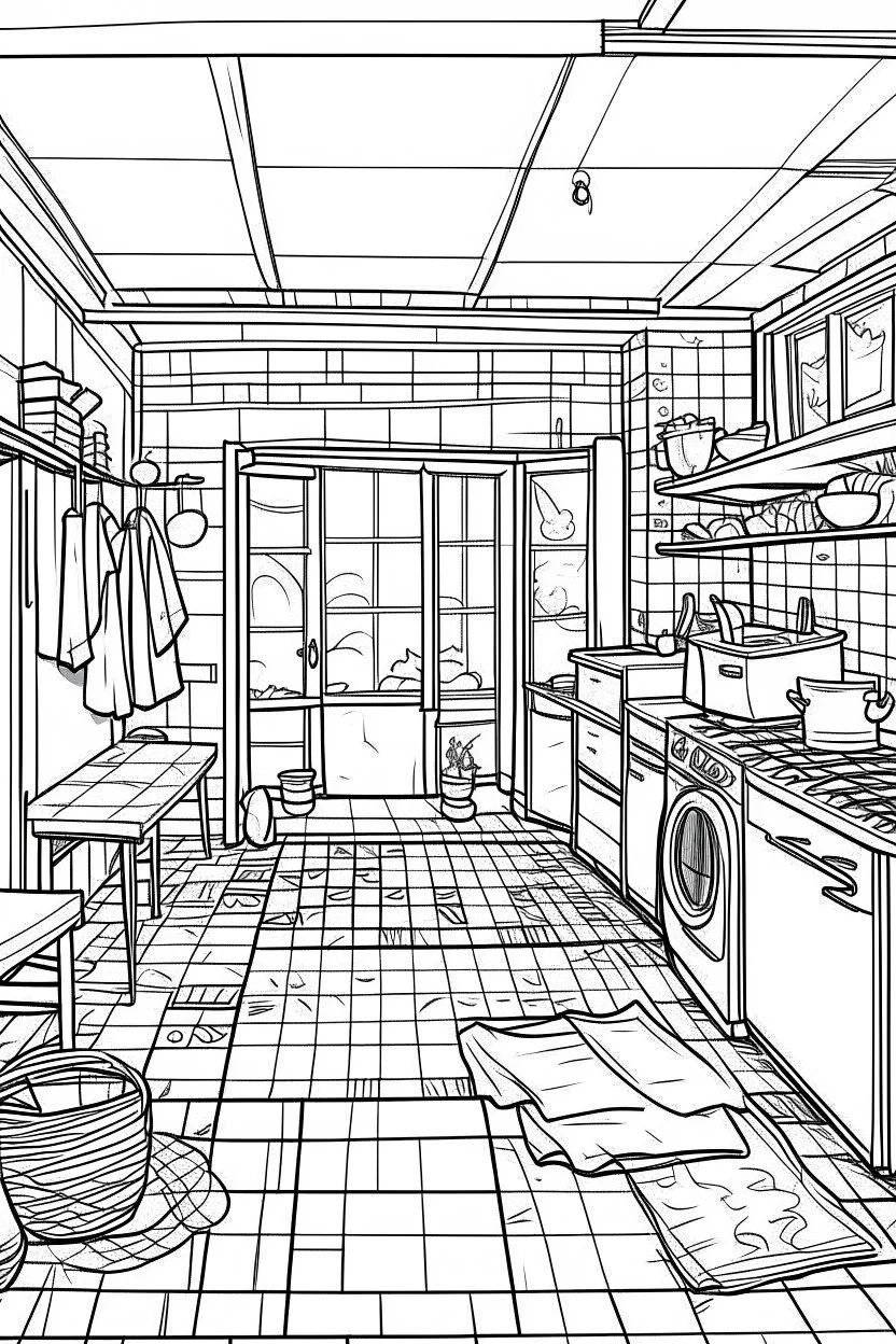 Outline art, house design, laundry room, no shading, no lines, cartoon style, --ar 9:11