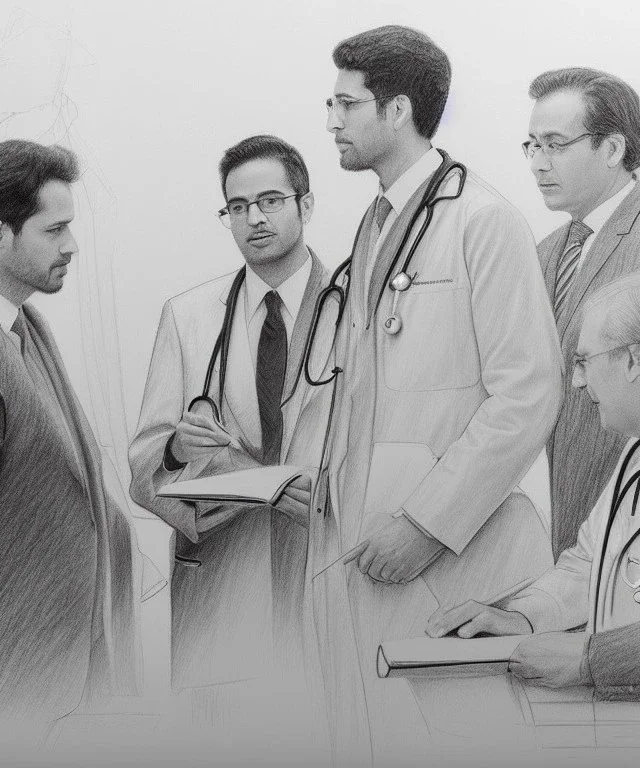 Pencil sketch of Four doctors are discussing ، on lined paper