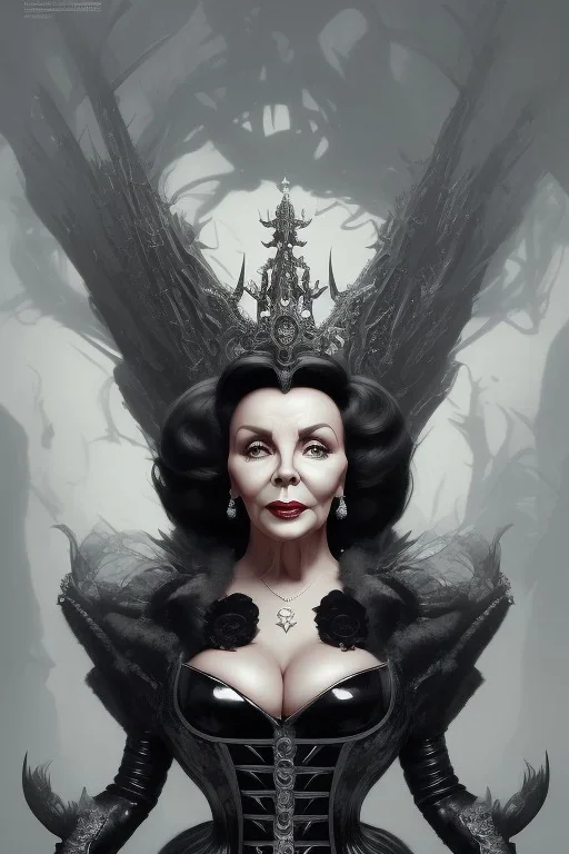 Joan Collins as evil queen in black leather, leather, busty, cleavage, angry, stern look. character design by cory loftis, fenghua zhong, ryohei hase, ismail inceoglu and ruan jia. unreal engine 5, artistic lighting, highly detailed, photorealistic, fantasy