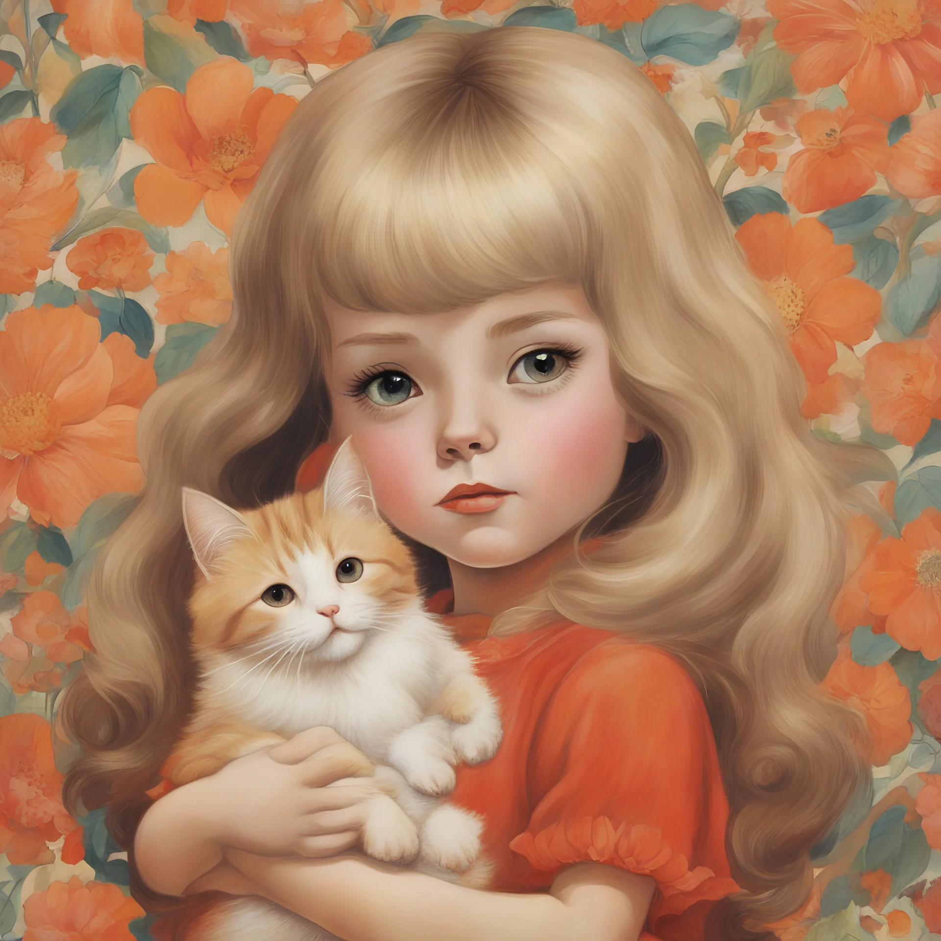 1970s, blond Little girl singing, in red, long hair parted in the middle, hugging an orange cat, in the style of Margaret Keane, huge brown eyes, flowered wallpaper,