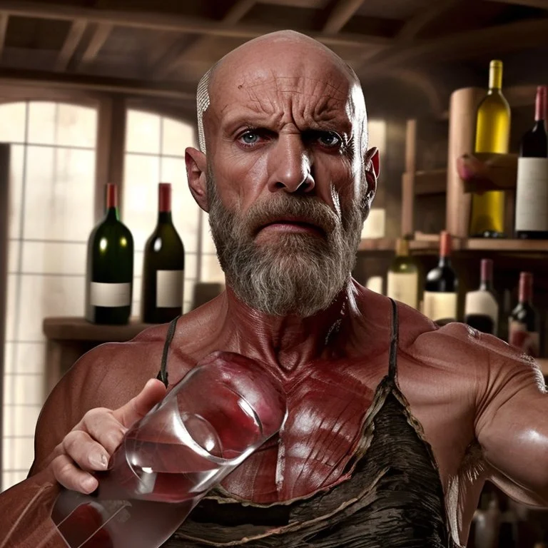 burly ugly 58 year old man bald with short beard and tank top manly chest chooses a bottle of wine in a cellar full of wine bottles dramatic light angry eyes highly detailed