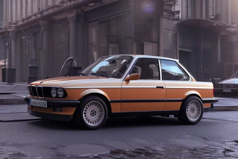 a 1990 bmw 2-door 4k ,ultra realistic,concept, 4k ,on street, parked in crowded city