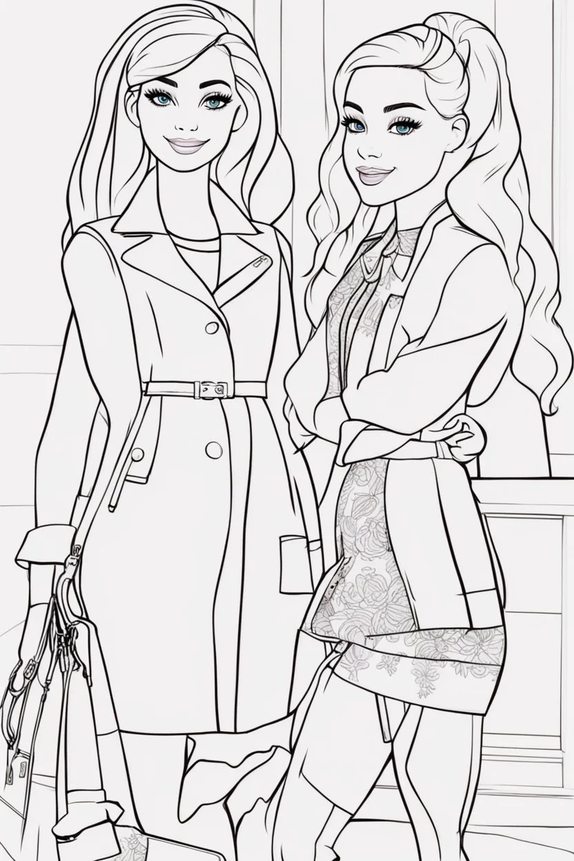 outline art for kids barbie coloring pages with barbie and her two friends, no background, sketch style, full body, only use outline, mandala style, clean line art, white background, no shadows and clear and well outlined. should look exactly like barbie