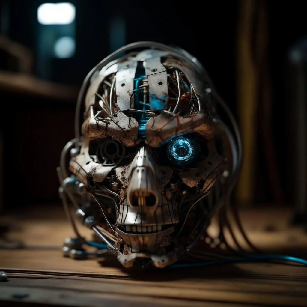 half destroyed robot head lying on a wooden surface, silver face parts, rgb lights rugged face, strings and metal pieces sticking, inner machinery look, oil leak, cinematic macro shot,