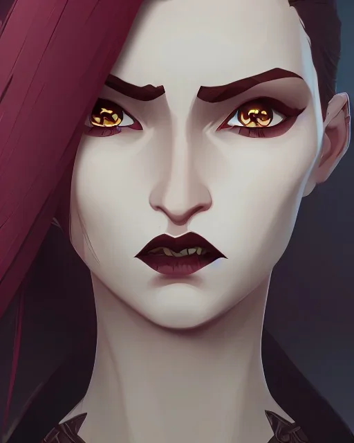 woman vampire, pale skin, brown long hair, galaxy cloak, blue eyes, very red lips, prominent cheek bones, slightly gaint face