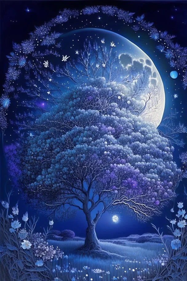 a background of softly blended blues, greys, silvers, purples, and whites with distant, twinkling stars in the sky, an a spherical serene moon, casting a soft glow of light on a foreground of a field of various flowers surrounding a tree of life