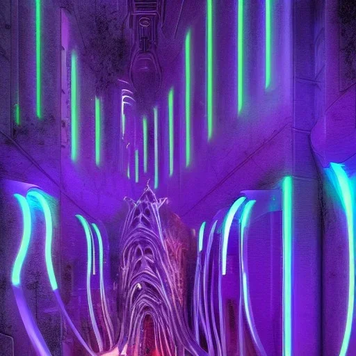 Giger Style Corrupted dystopia Neon Blue and Purple winter with orange reflections