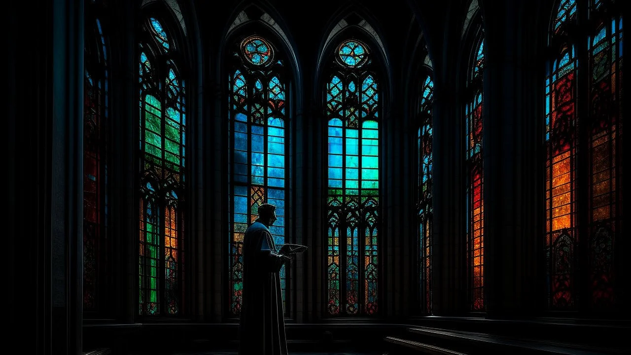 A dark, gothic cathedral where a shadowy figure makes a pact, sacrificing their soul for forbidden knowledge, the stained glass windows casting eerie colors.