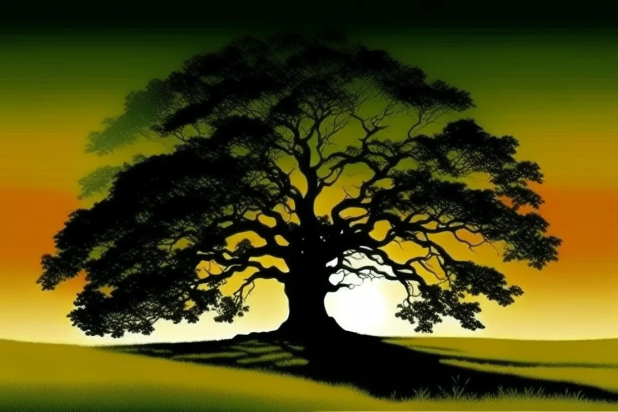 silhouette of beatuful scenic picture tree of life in meadow english countryside from a distance scenery painting