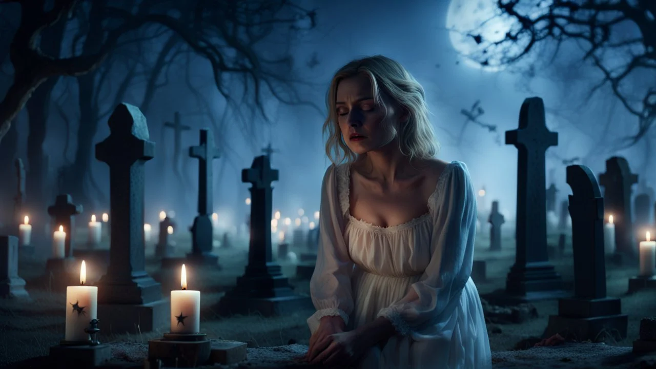 High-resolution, ultra-realistic, 4K cinematic image of a dimly lit villager cemetery at 3am. A blonde very sad woman dressed in white vintage Nightgown. With an expression of pain, closed eyes, crying, surrounded by tombstones and some dark tree, some candle, dark blue night with stars.