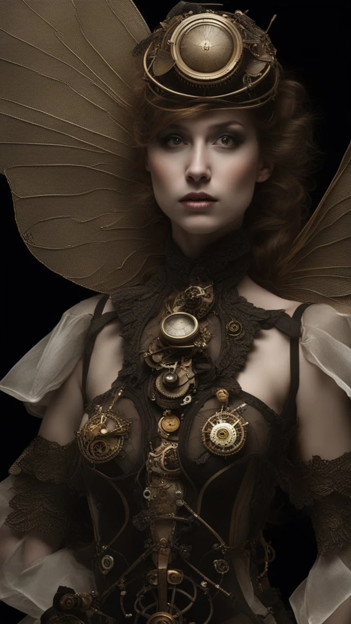 full length, steampunk delicate metal woman, moth, wings, black background