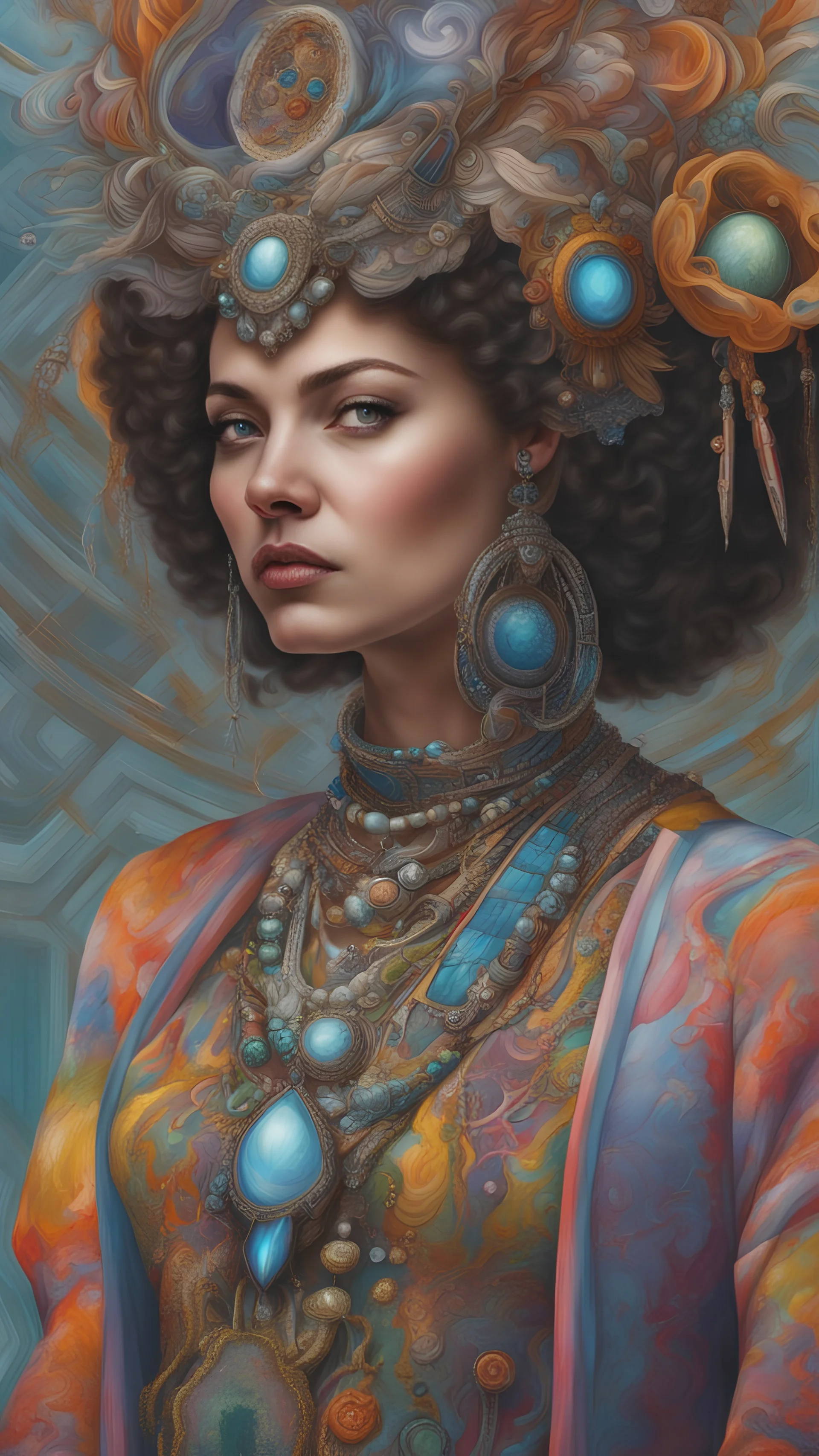 Hyperrealistic portrait of a beautiful woman wearing intricately detailed colorful clothing and futuristic jewellery.