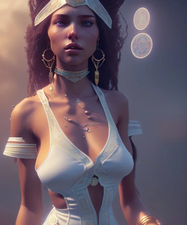 Gipsy, beautiful, curvy body, white fabric dress, beautiful long hair, bandana, long earings, head and shoulders portrait, holding tarot card, 8k resolution concept art portrait by Greg Rutkowski, Unreal Engine 5 volumetric lighting