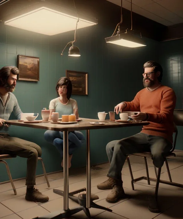 Realistic scene, American shot view, man and woman sitting in cafeteria and having breakfast levitating, 0 gravity, Wes Anderson, soft color, highly detailed, unreal engine 5, ray tracing, RTX, lumen lighting, ultra detail, volumetric lighting, 3d, finely drawn, high definition, high resolution.