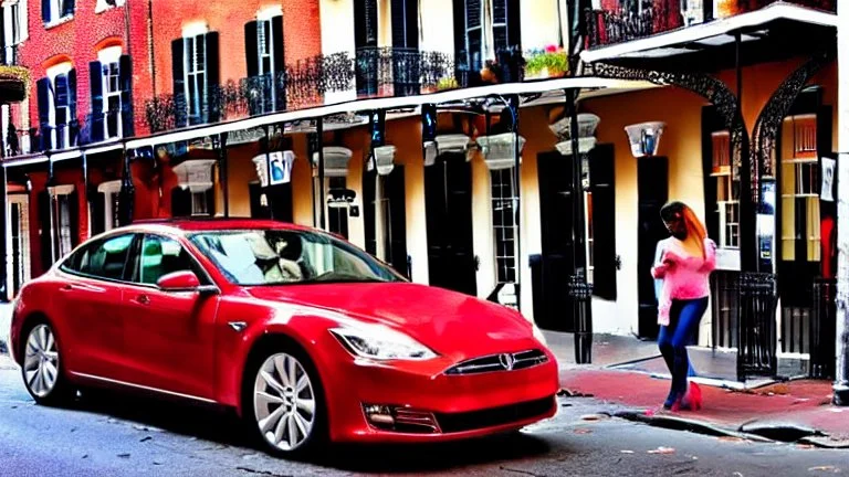 A Tesla's 'Model S Plaid' is parked, on the Bourbon Street, in New Orleans. CINEMATIC. WIDE ANGLE LENS.