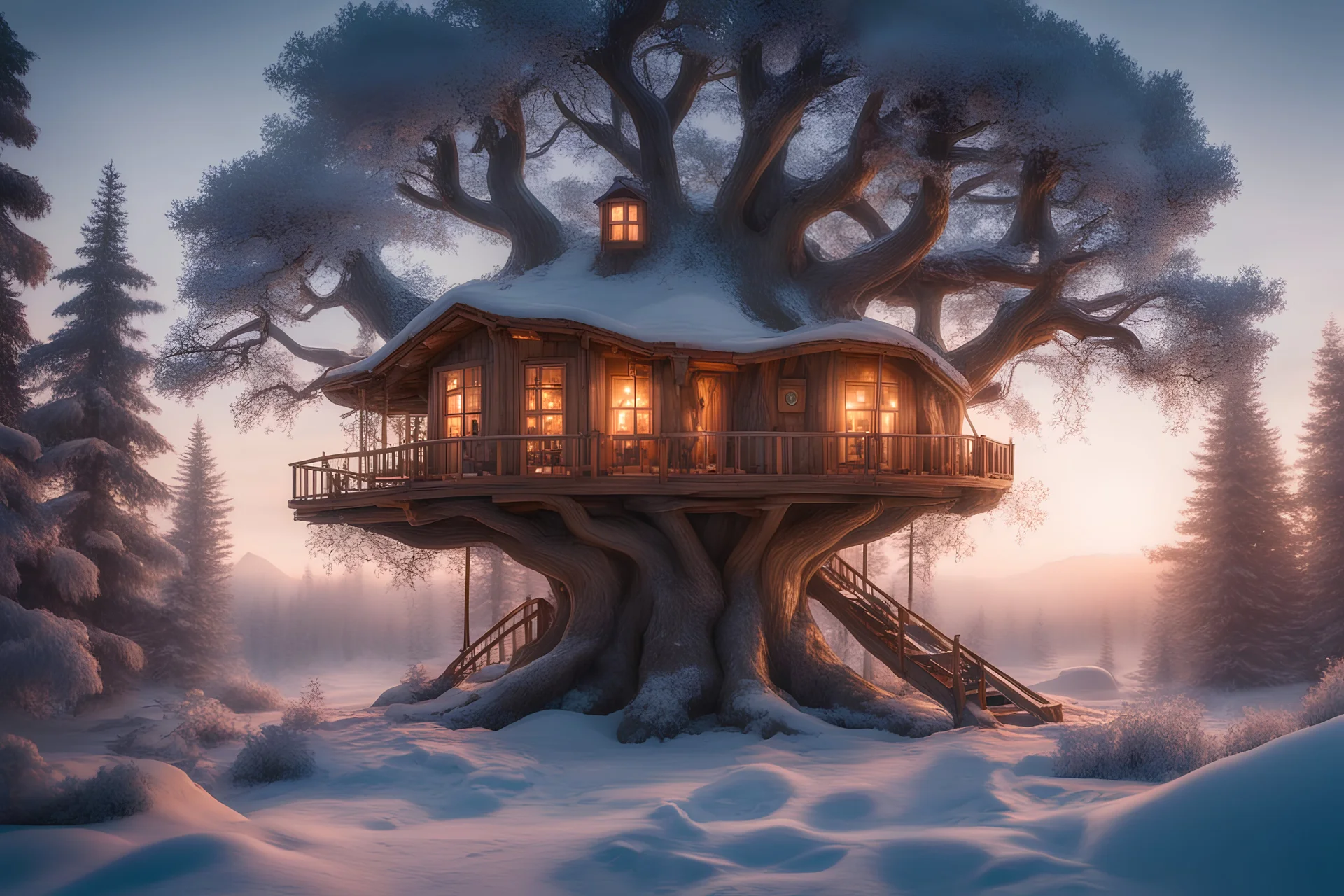 a huge tree in the middle of cold tundra wilderness, a warm and cozy treehouse on the tree, firelights, ornaments, christmas vibes, beautiful, comfy palace, home