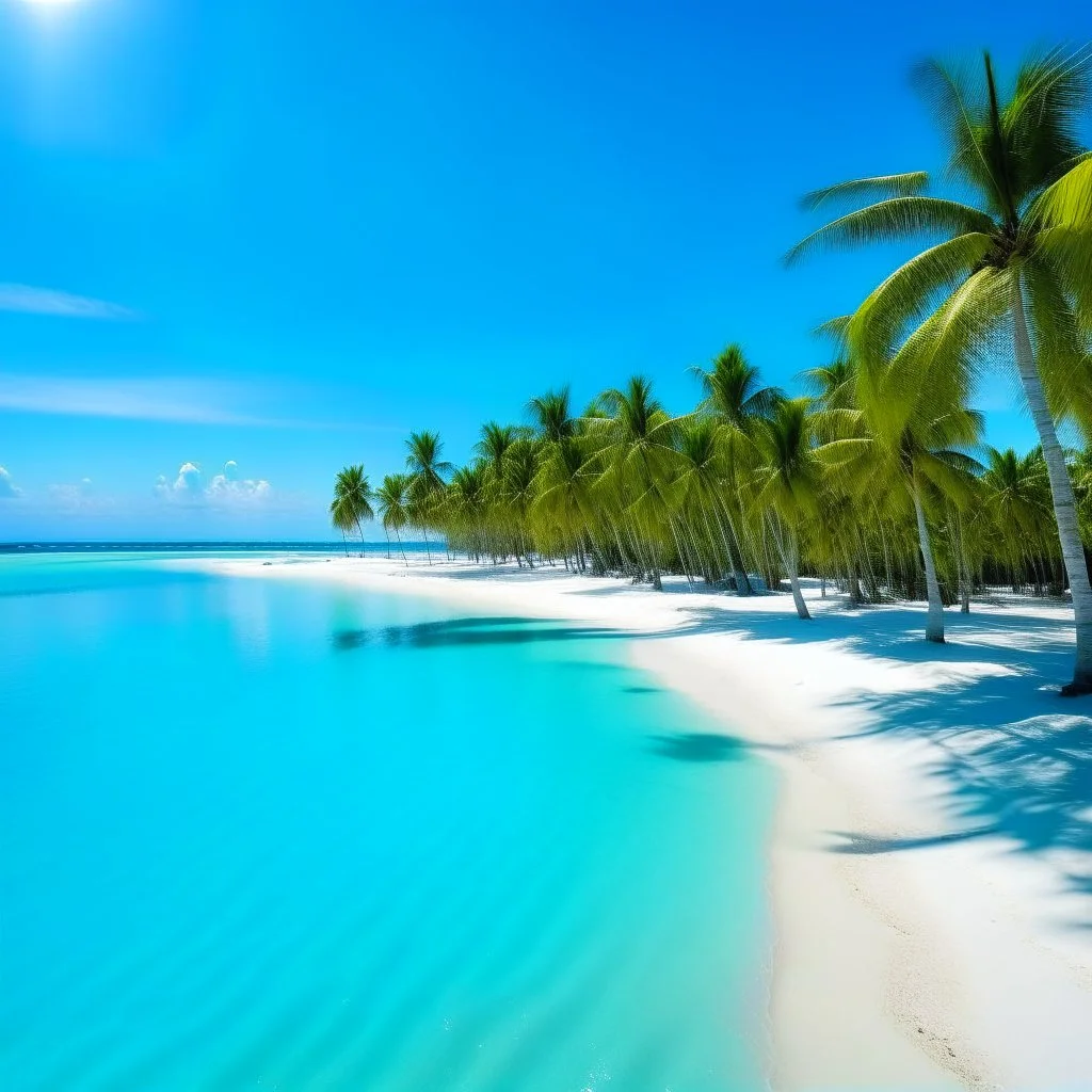 A pristine tropical island with palm trees, crystal-clear turquoise waters, and a deserted white-sand beach.