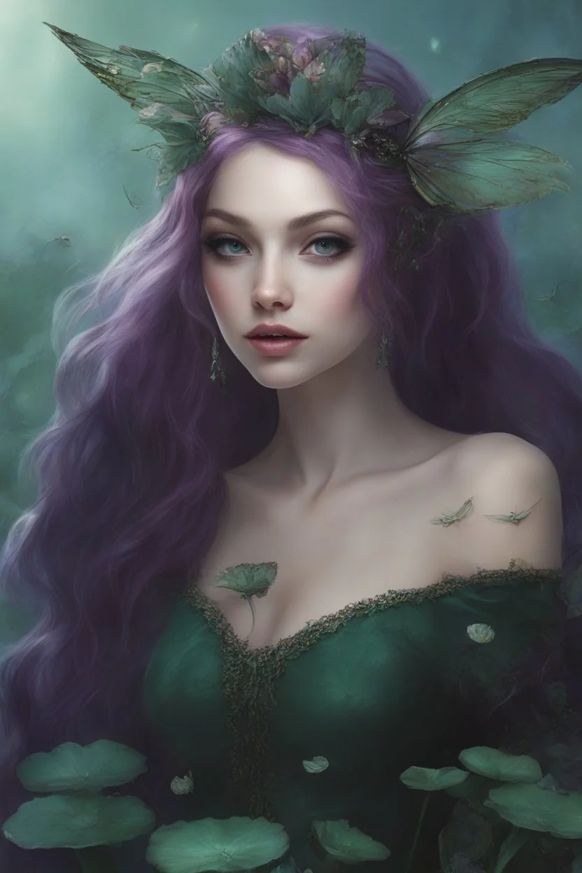 Dark green hair Water lilies long hair lotus night Fairy princess rapunzel hair queen crown dragonflies fireflies elven tiara flowers fairy wings gothic purple