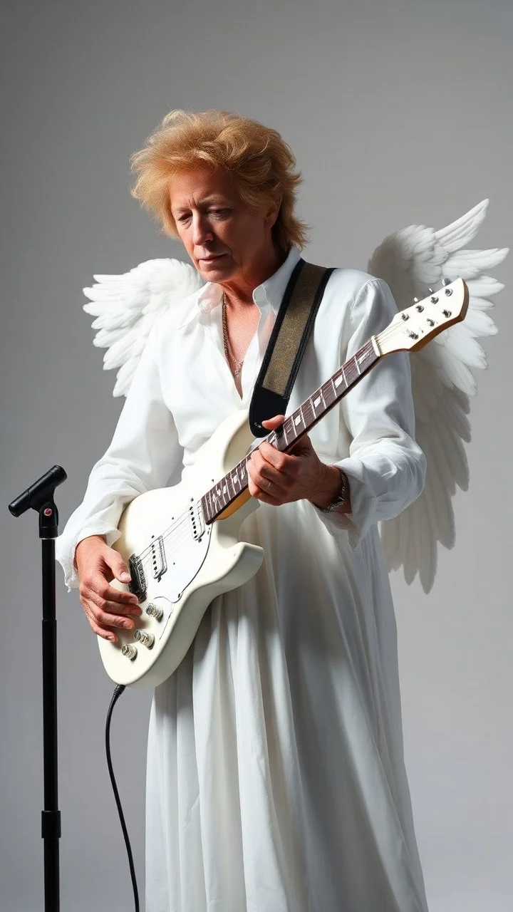 Bob Dylan in his 70th old , looks like an angel with white dress holding a white quitar white background all white picture including his hair