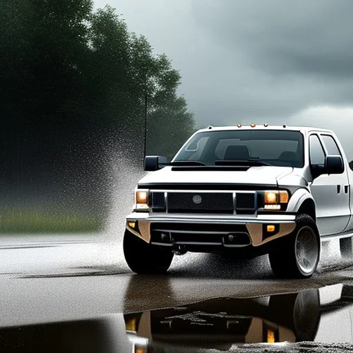 hyperrealistic shot, speeding 4x4 truck, monotone color palette, sharp focus, puddle reflec1tion, tire mud splashes, refraction, mist on the horizon, thunder and lightning, overcast shadow, detailed and intricate, cinematic composition, 8k, micro, tilt shift photography, bokeh