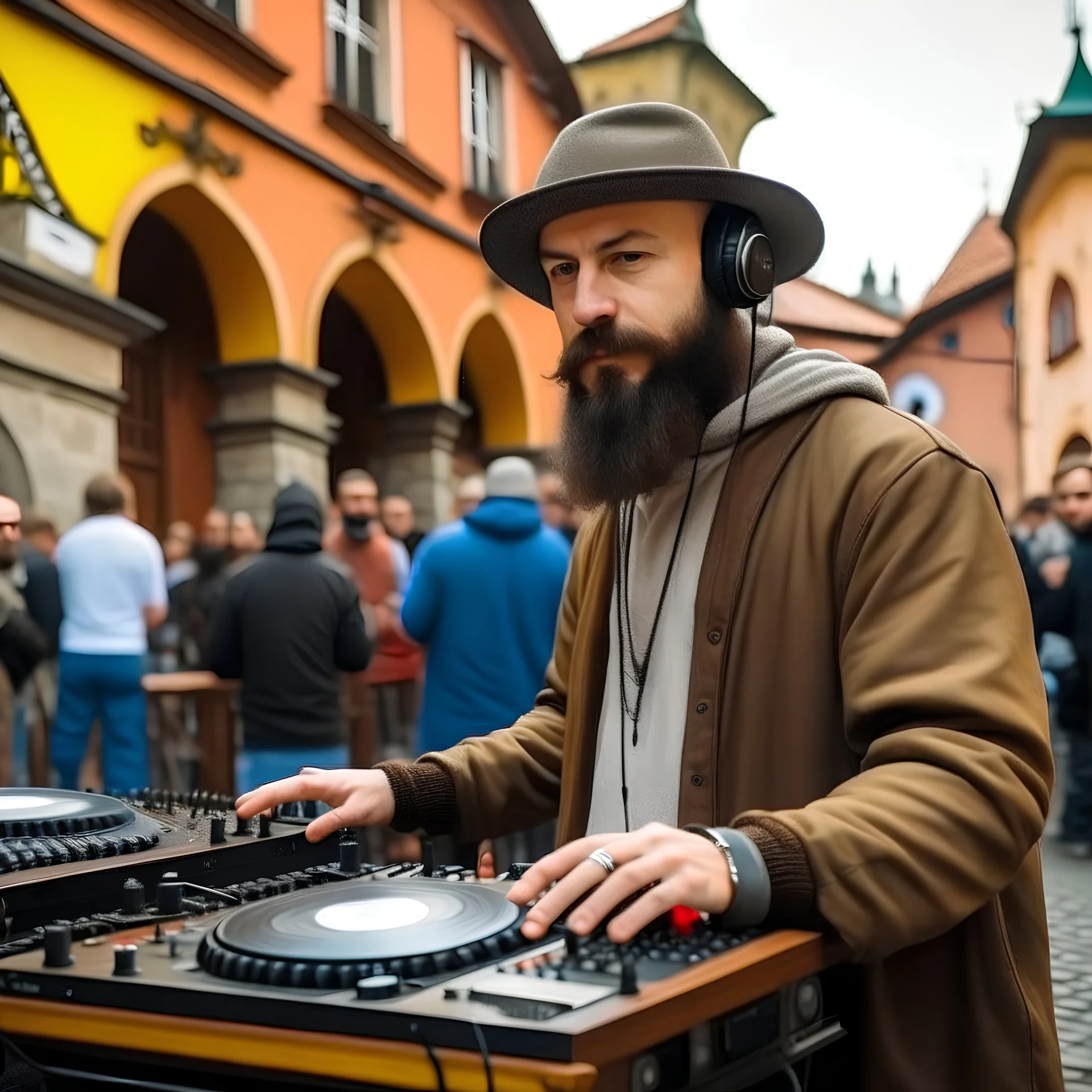 A short brown beard DJ with a hat on his head, sing at microphone, the DJ console, many electronic consoles around, play middle street of medieval city, FRONT VIEW