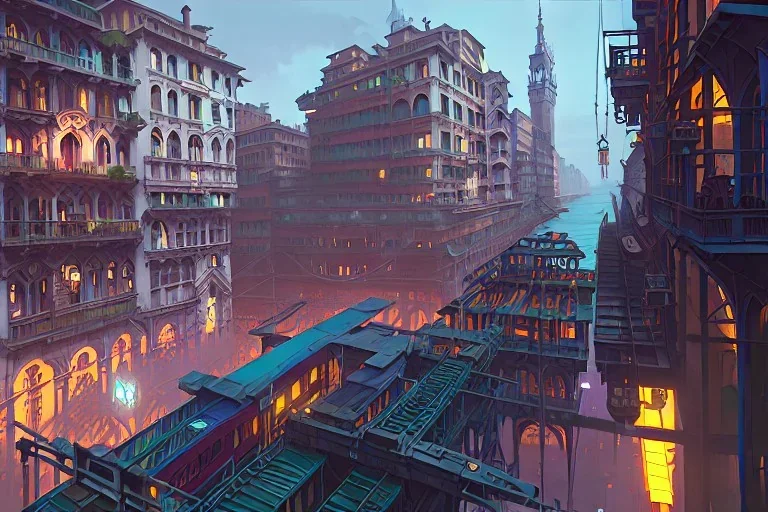 Elevated Train pass+train corner building+colorful genoa street+Italian medieval town+Italian city sea+alphonse mucha, greg rutkowski,matte painting, cryengine, hyper detailed, felix kelly, fantasy art, seb mckinnon