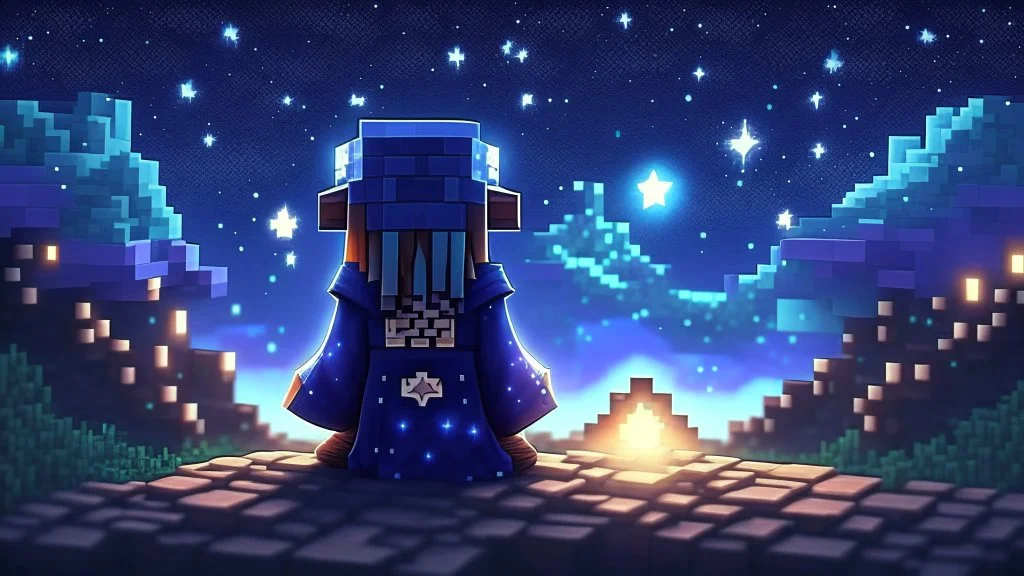 Minecraft Character, minecraft theme, purple starry sky, meditating, aesthetic, facing back, wearing gown, chinese theme,