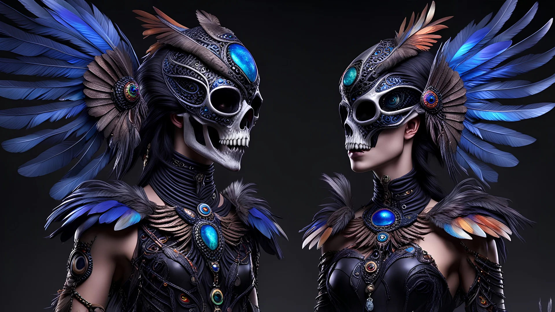 male and female (alien pagan:1.5) couple dressed in (colorful bones and feathers:1.5) made with shiny cosmic raven skulls and bones and iridescent feathers , fantasycore, diaphonous pearlescent wings, beautiful glass eyes, morbid fine arts, macabre arts, dark fine arts, macro lens, 16k resolution, intricate detail, hyper detailed, dynamic lighting, H.R. Giger, trending on Artstation, epic, deep color, vibrant, beautiful, graffiti art, splash art, street art, spray paint, oil gouache melting, acr