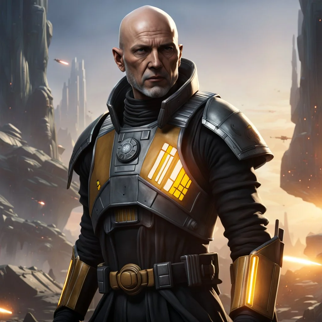 a bold and heroic bald male Corellian pilot in black and grey First Order special forces gear meets a female Jedi Master in ancient, mystical temple, hyperdetailed, dynamic lighting, hyperdetailed background, 8k resolution, volumetric lighting, light skin, fully symmetric details