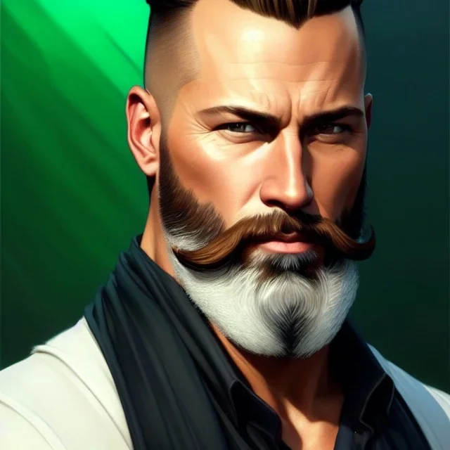 "MIddle aged white human male, with a trimmed but uneven beard, piercing green eyes with slick back hair,complete head and shoulders portrait, 8k resolution concept art portrait by Greg Rutkowski, Artgerm, WLOP, Alphonse Mucha dynamic lighting hyperdetailed intricately detailed Splash art trending on Artstation triadic colors Unreal Engine 5 volumetric lighting Splash art fantasy"