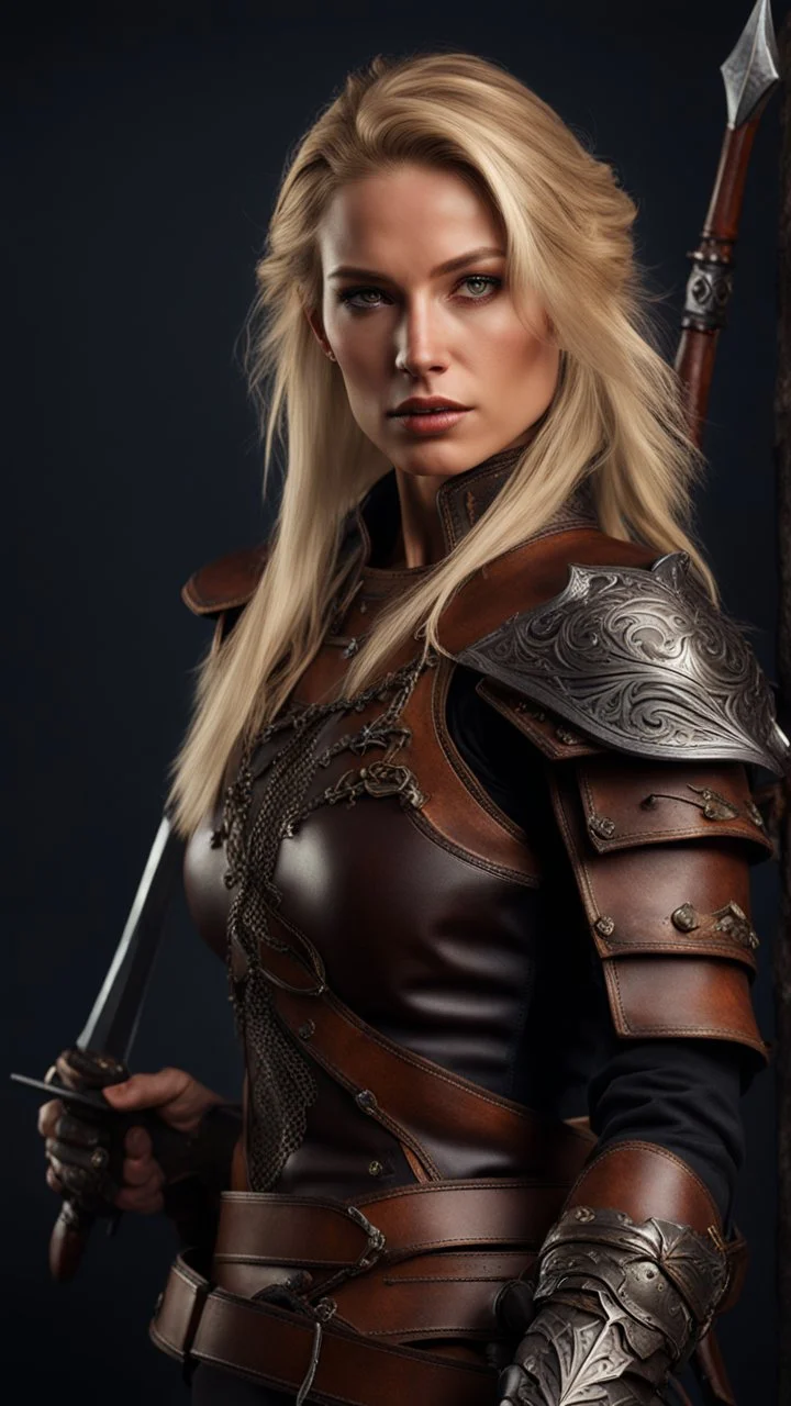 blonde female hunter wearing leather half armour dark fantasy Realistic 4k