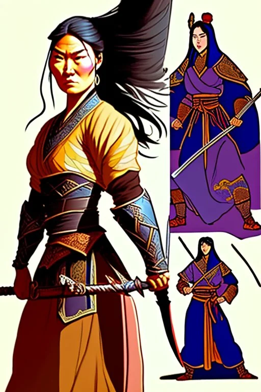 style comdey character : A woman, believing herself a fearsome warrior, dramatically confronts the She holds her sword upside down A Mongol casually pushes her over and steals her dictionary, Woman stands defiantly, sword held backwards, Ertugrul music blasting in the background. Mongols look confused Close-up of the woman naked confident face shouting her challenge. Mongol soldier pushes her with a bored It was a beautiful woman for the soldiers. All the soldiers Crowded marry naked her.