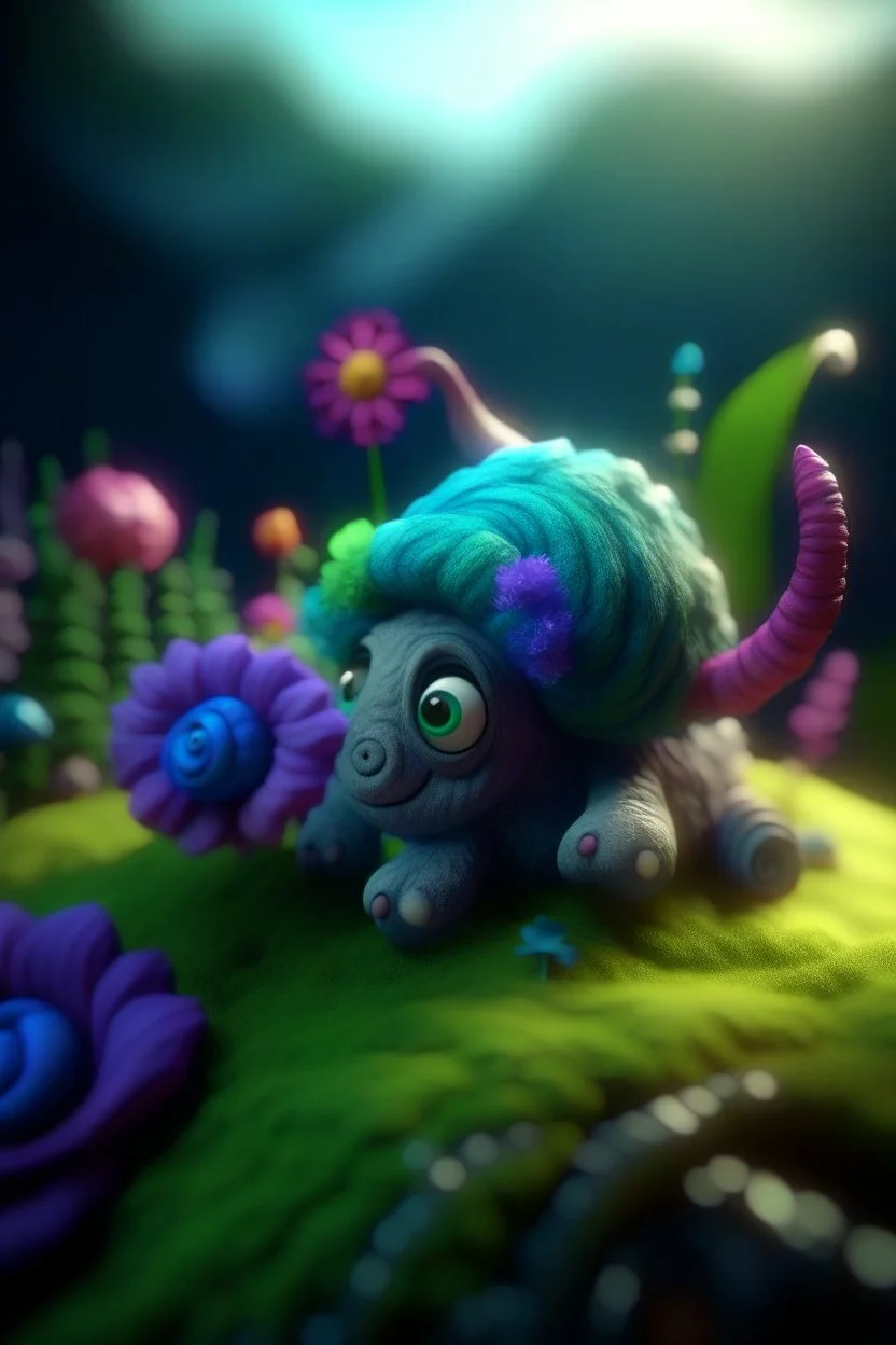 portrait cute fluffy toy wolly illithid mammoth snail in a water slide holding weird flowers in his trunk in the style of pixar, on a strange planet with weird colors and wind turbines, bokeh like f/0.8, tilt-shift lens 8k, high detail, smooth render, down-light, unreal engine, prize winning