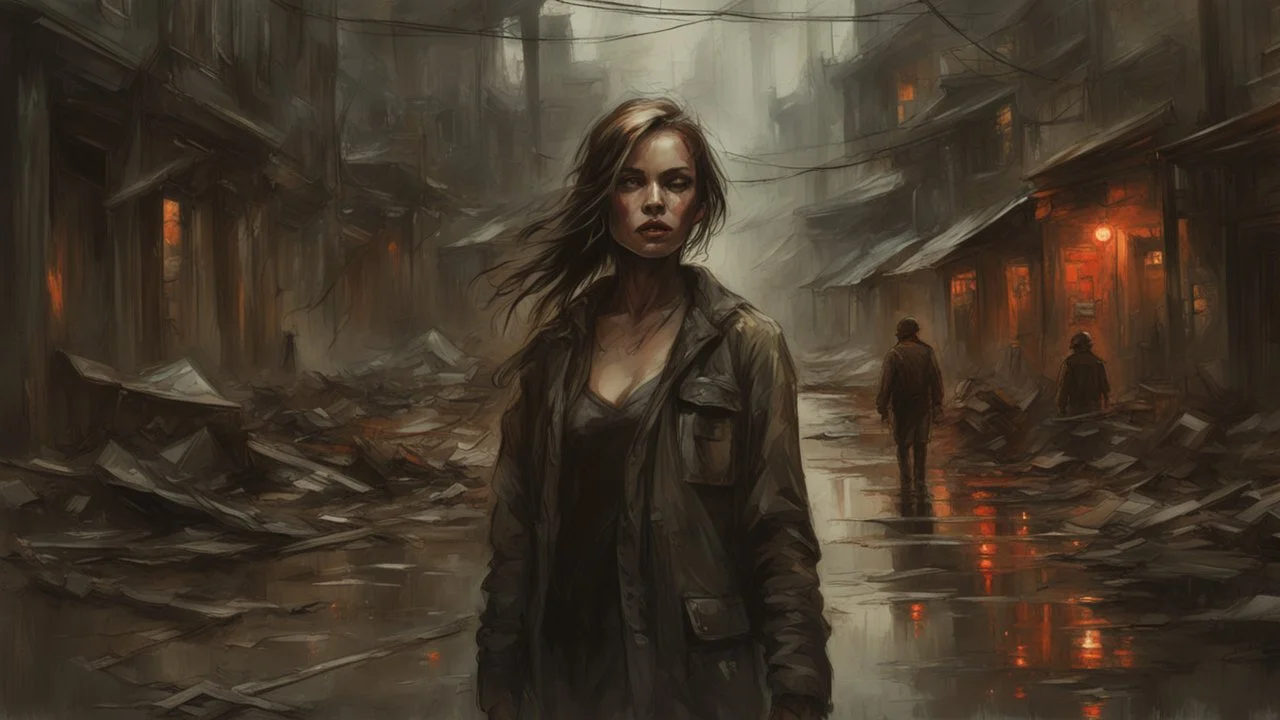 the town of fear, post-apocalypse, horror, hopelessness, darkness, dark colors, by Raymond Swanland & Alyssa Monks & Anna Razumovskaya