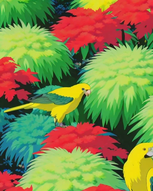 Hermoso loro amarillo azul y rojo arte pop árbol hojas verdes magnífico detallado