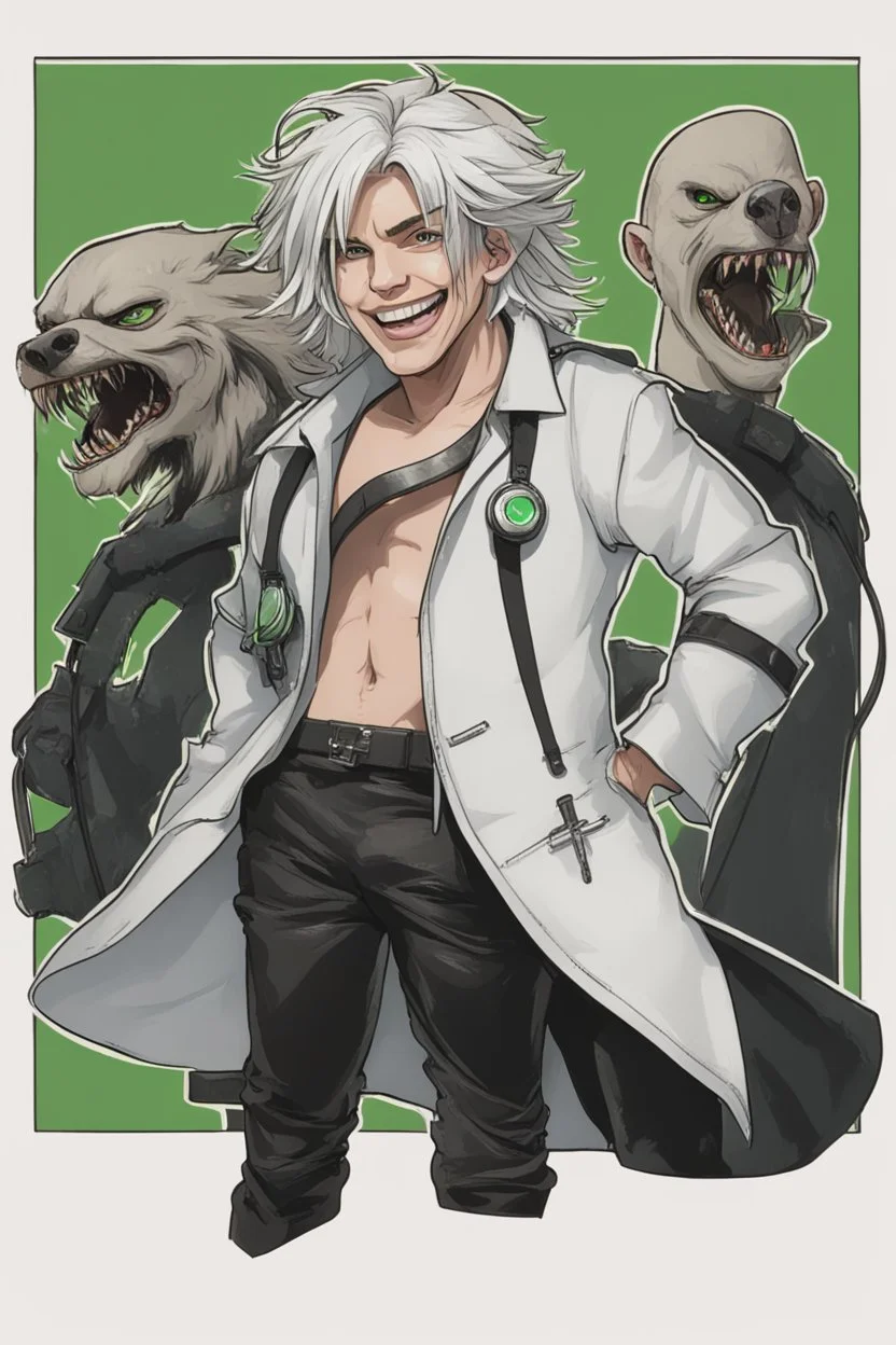 plauge doctor in balck leather clothes with silver hair, pale skin and bright green eyes smiling with sharp teeth, nice young face