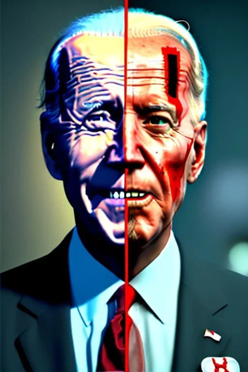 realistic image, joe biden zombie, arm cut and bleeding, amputated leg, night, walking with a limp, waist up view, dark ambient, highly detailed, sky background, concept art, unreal engine 5, god rays, ray tracing, RTX, lumen lighting, ultra detail, volumetric lighting, 3d, finely drawn, high definition, high resolution.