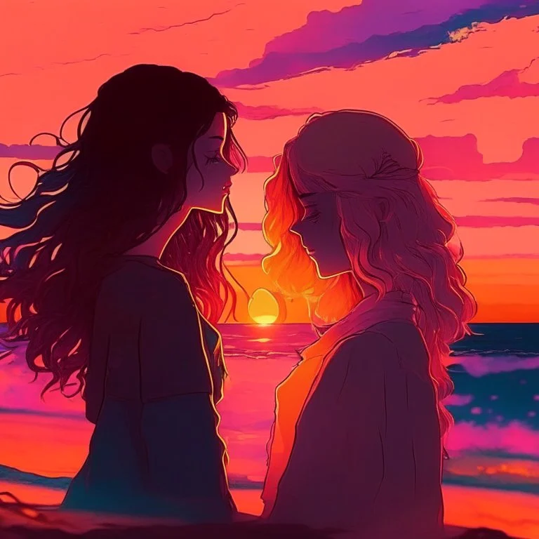 sunset, lofi colors, lofi vibes, cool colors, 2 girl