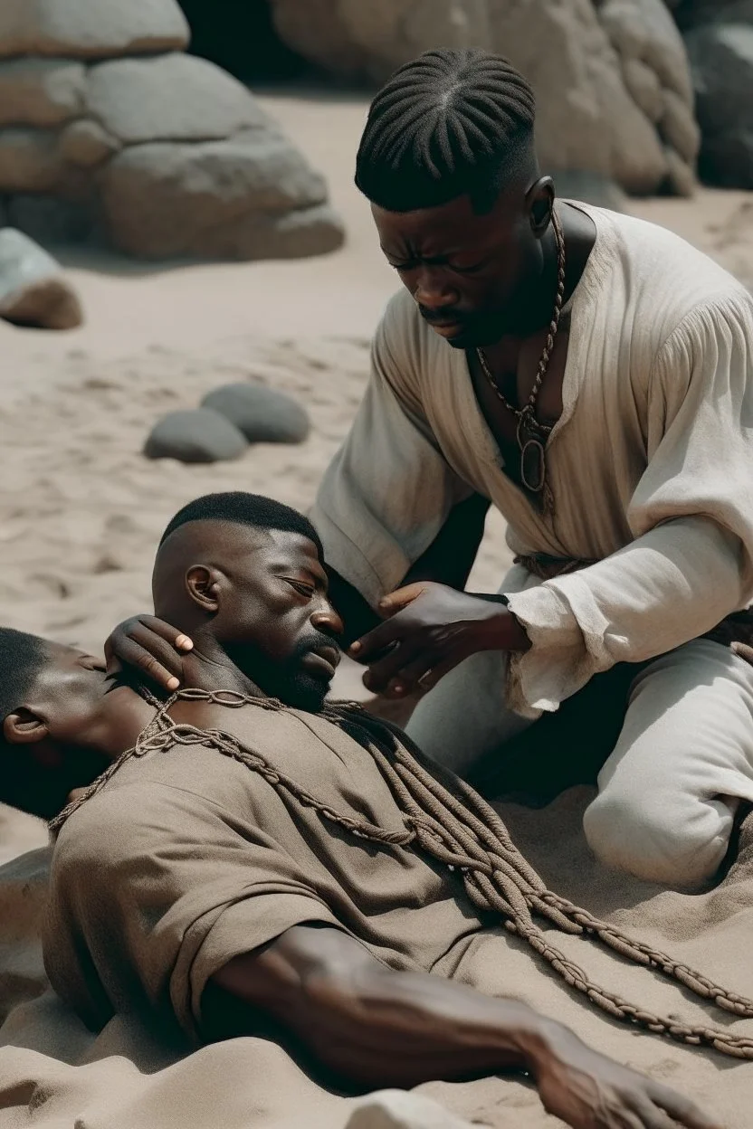 A black-skinned slave is being tortured by his rich, white-skinned master. He places a large rock on his body while he is sleeping on the sand.